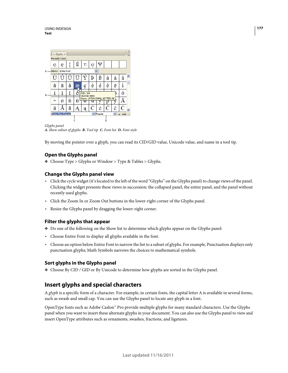 Open the glyphs panel, Change the glyphs panel view, Filter the glyphs that appear | Sort glyphs in the glyphs panel, Insert glyphs and special characters | Adobe InDesign CS5 User Manual | Page 183 / 710