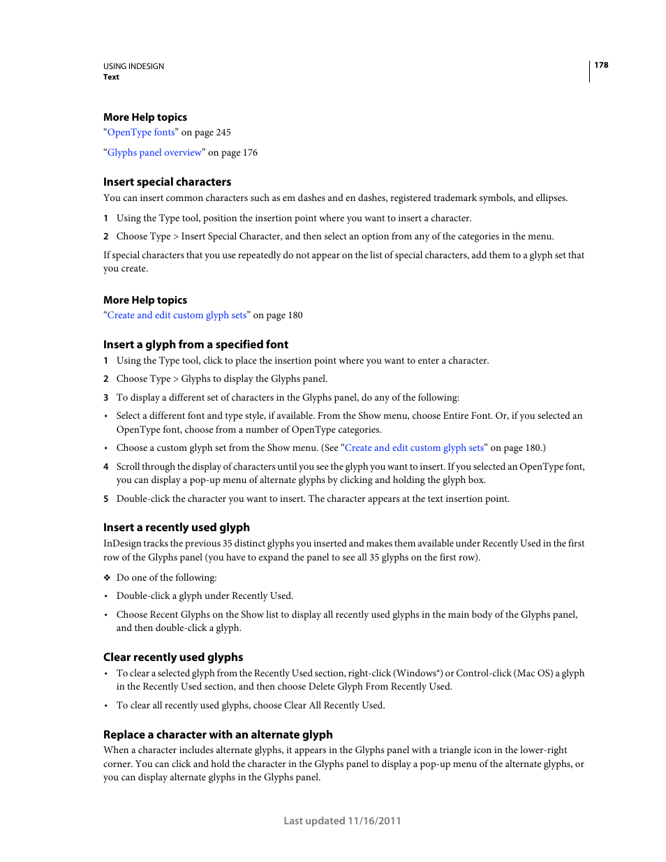 Insert special characters, Insert a glyph from a specified font, Insert a recently used glyph | Clear recently used glyphs, Replace a character with an alternate glyph | Adobe InDesign CS5 User Manual | Page 184 / 710