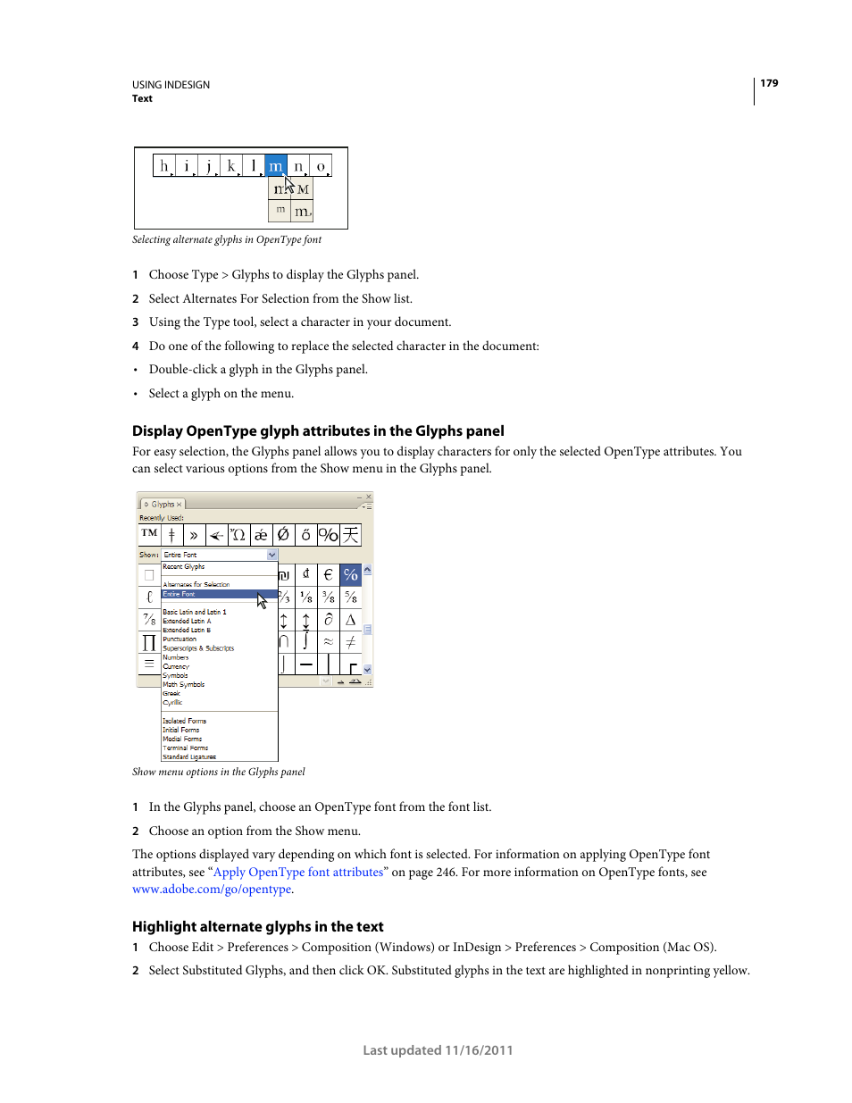 Highlight alternate glyphs in the text | Adobe InDesign CS5 User Manual | Page 185 / 710