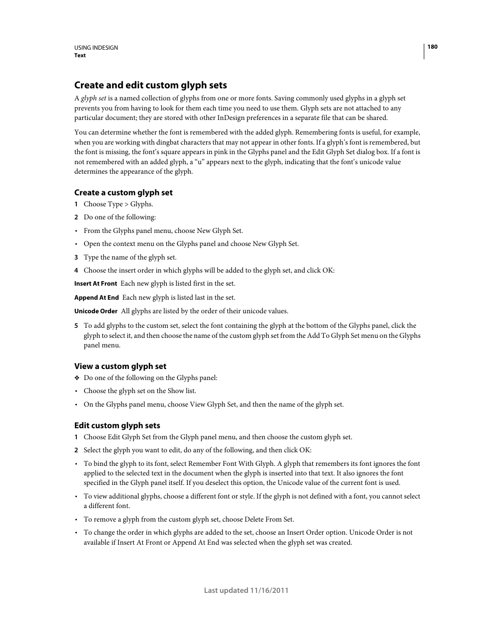 Create and edit custom glyph sets, Create a custom glyph set, View a custom glyph set | Edit custom glyph sets, Choose a custom glyph set from the show menu. (see | Adobe InDesign CS5 User Manual | Page 186 / 710