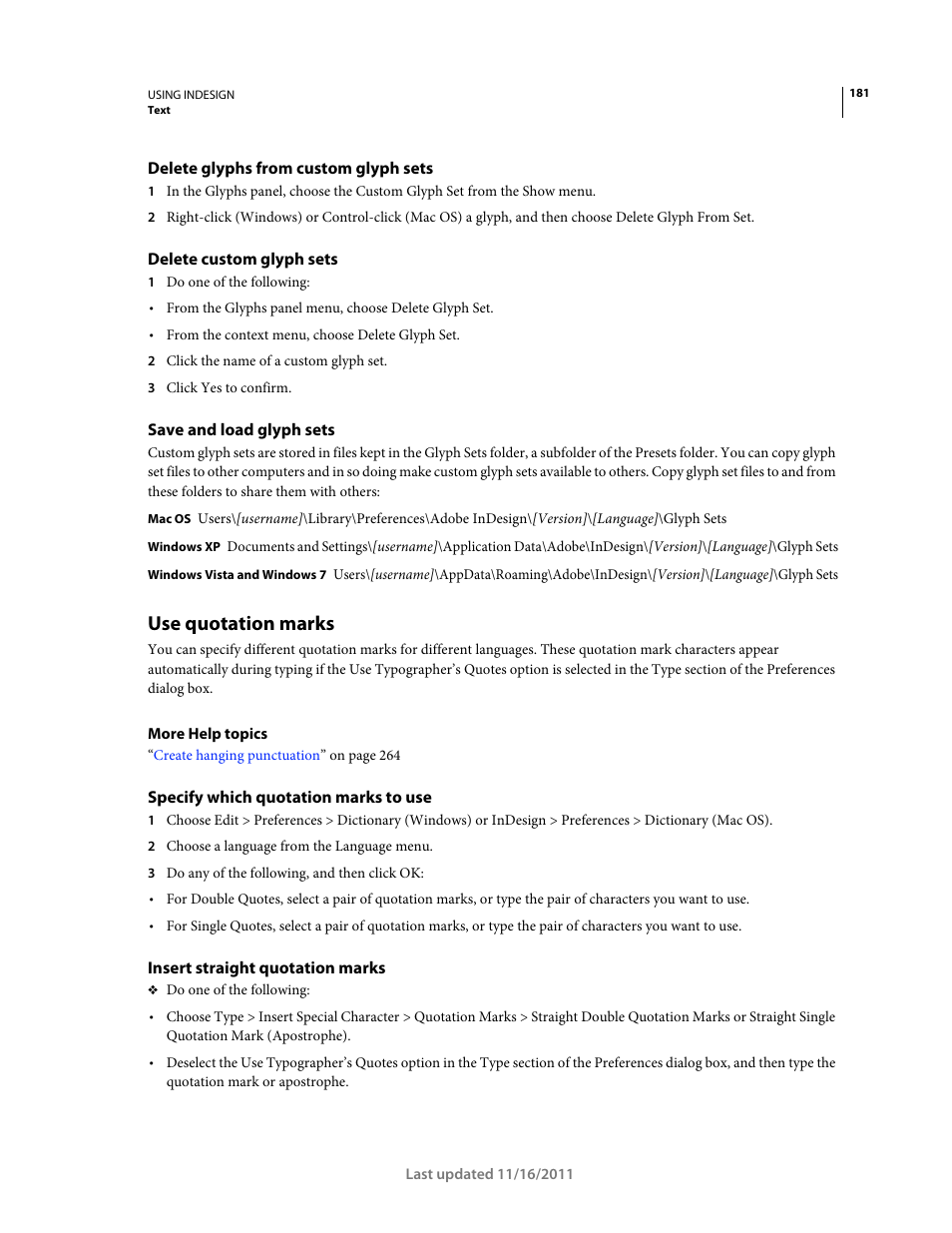 Delete glyphs from custom glyph sets, Delete custom glyph sets, Save and load glyph sets | Use quotation marks, Specify which quotation marks to use, Insert straight quotation marks | Adobe InDesign CS5 User Manual | Page 187 / 710