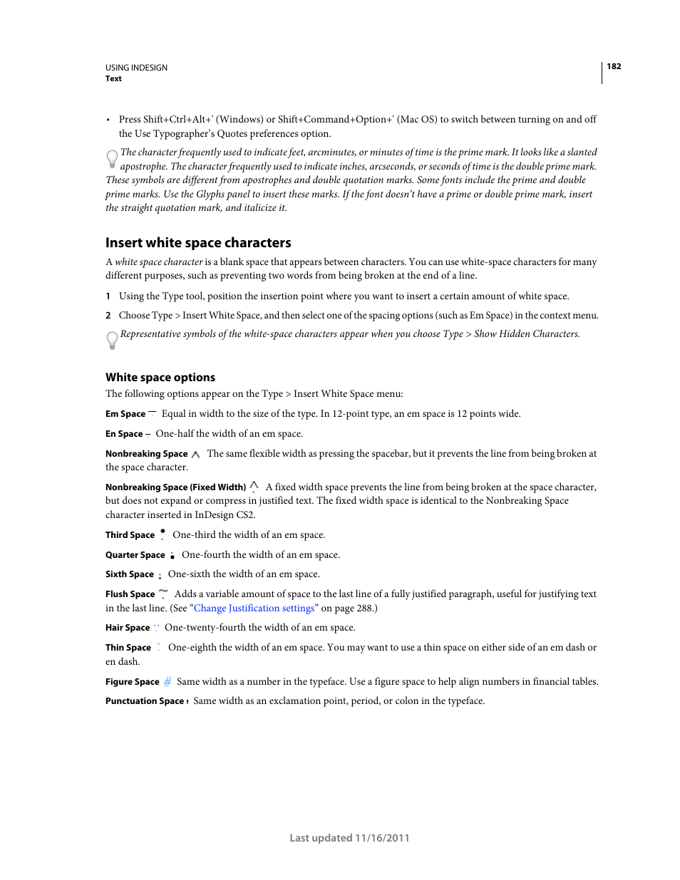 Insert white space characters, White space options, Symbols cannot be used in section prefixes. (see | Insert, White space characters | Adobe InDesign CS5 User Manual | Page 188 / 710