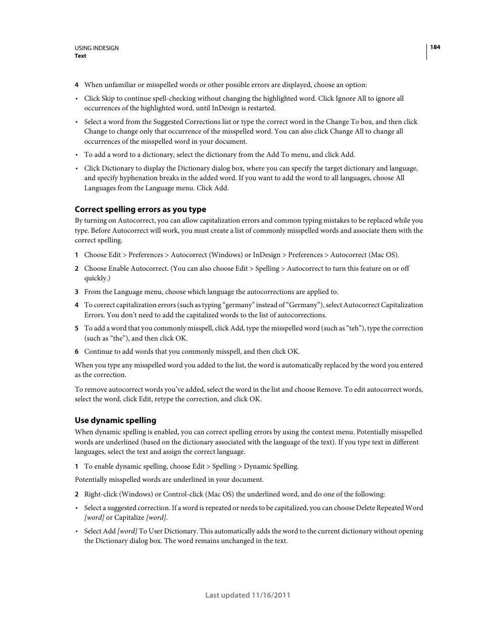 Correct spelling errors as you type, Use dynamic spelling | Adobe InDesign CS5 User Manual | Page 190 / 710