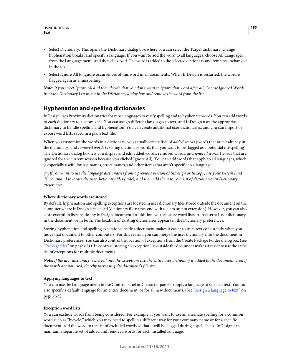 Hyphenation and spelling dictionaries | Adobe InDesign CS5 User Manual | Page 191 / 710