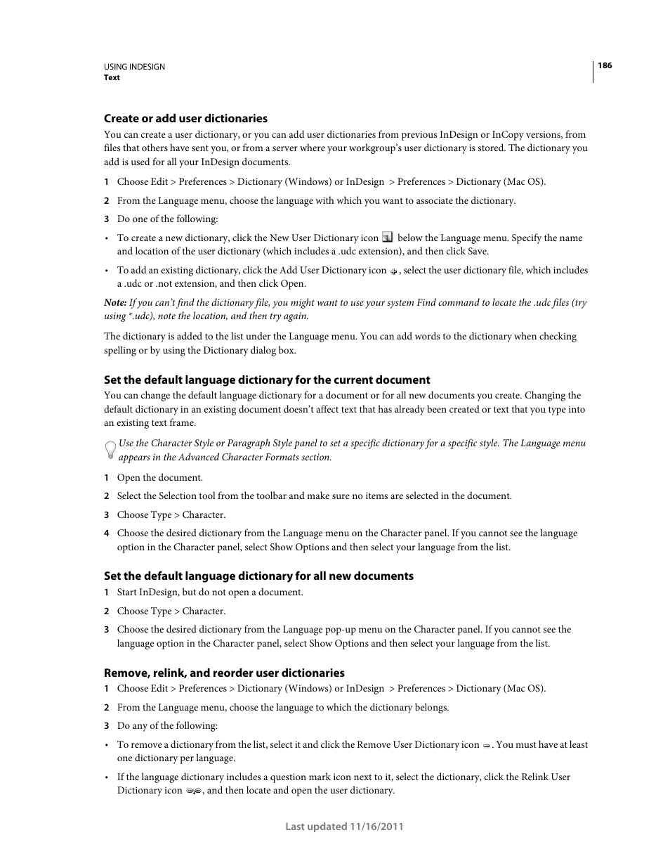 Create or add user dictionaries, Remove, relink, and reorder user dictionaries | Adobe InDesign CS5 User Manual | Page 192 / 710