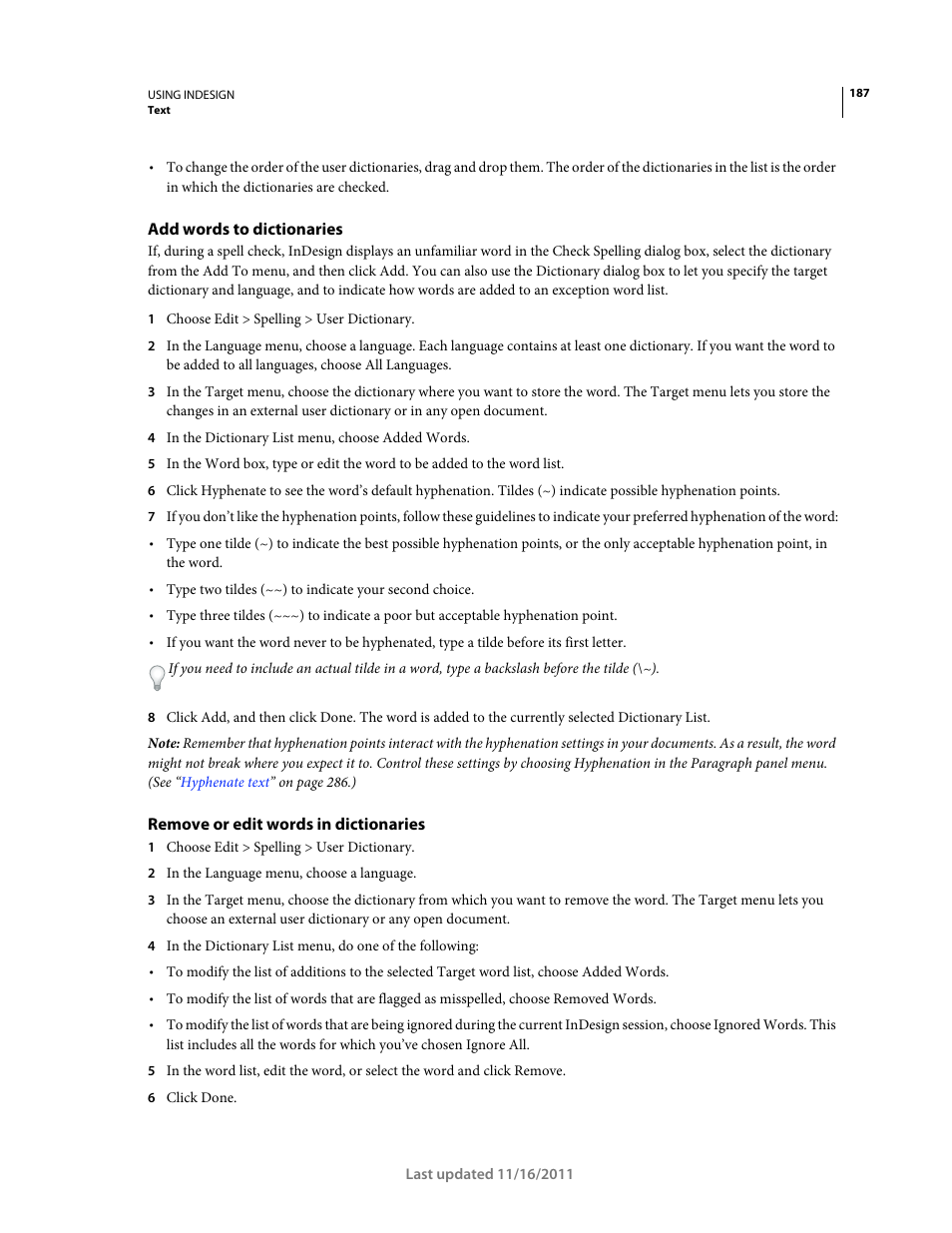 Add words to dictionaries, Remove or edit words in dictionaries | Adobe InDesign CS5 User Manual | Page 193 / 710