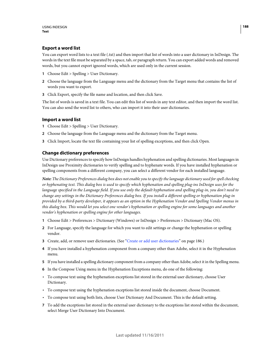 Export a word list, Import a word list, Change dictionary preferences | Adobe InDesign CS5 User Manual | Page 194 / 710