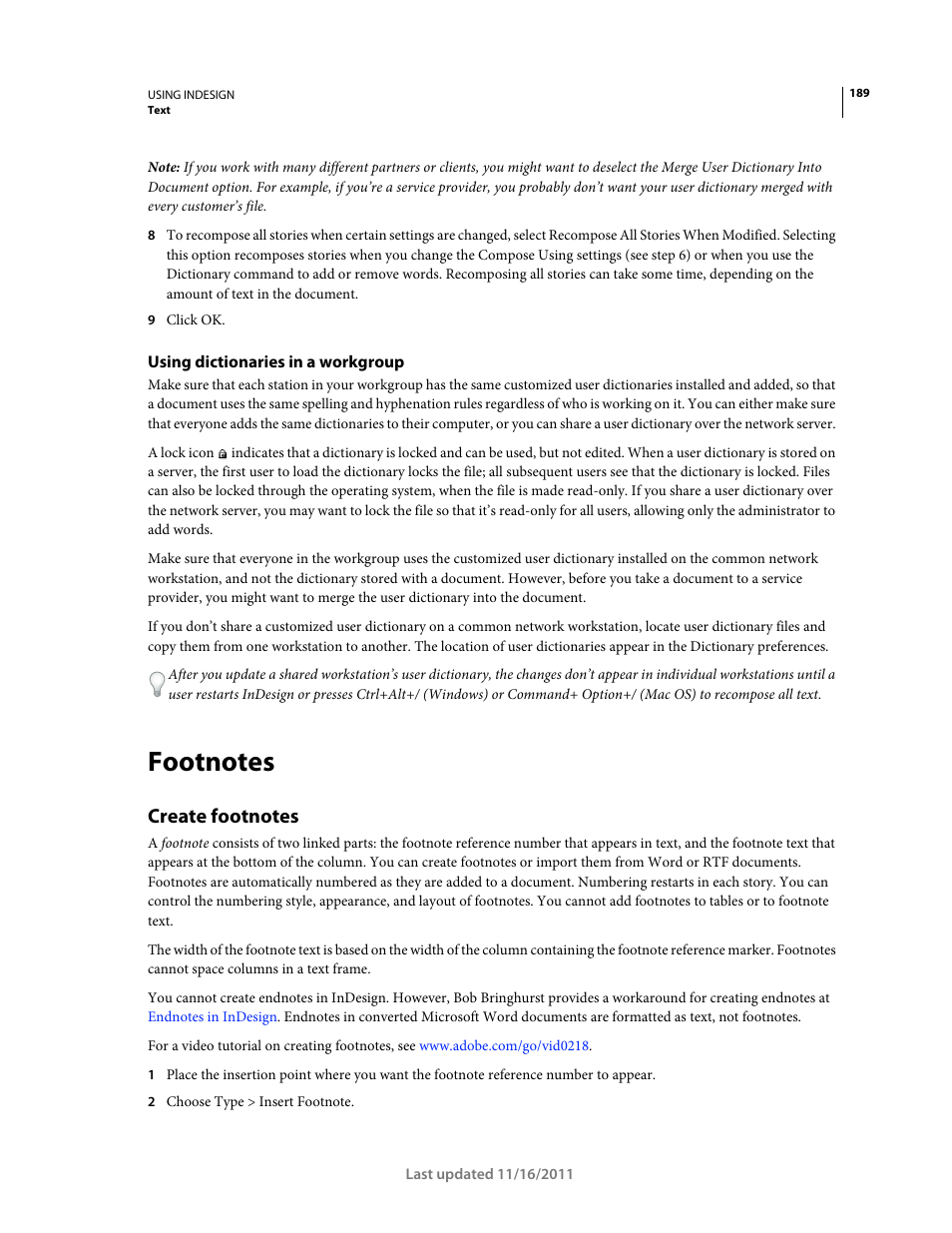Using dictionaries in a workgroup, Footnotes, Create footnotes | Adobe InDesign CS5 User Manual | Page 195 / 710