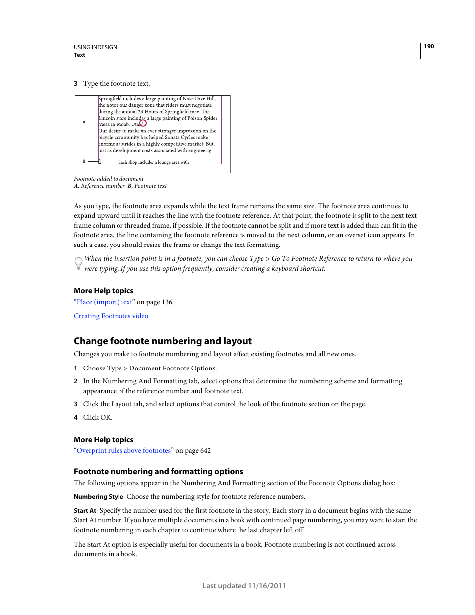 Change footnote numbering and layout, Footnote numbering and formatting options | Adobe InDesign CS5 User Manual | Page 196 / 710