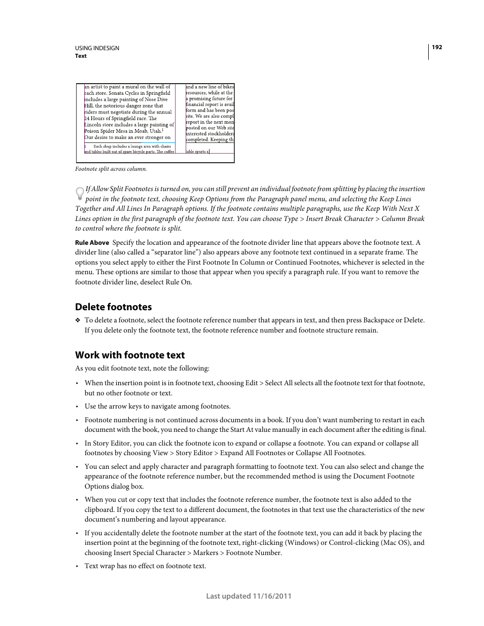 Delete footnotes, Work with footnote text | Adobe InDesign CS5 User Manual | Page 198 / 710