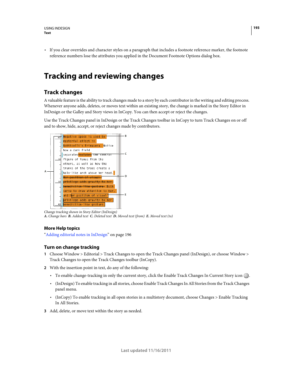 Tracking and reviewing changes, Track changes, Turn on change tracking | Tracking and, Reviewing changes, Or reject changes. see | Adobe InDesign CS5 User Manual | Page 199 / 710