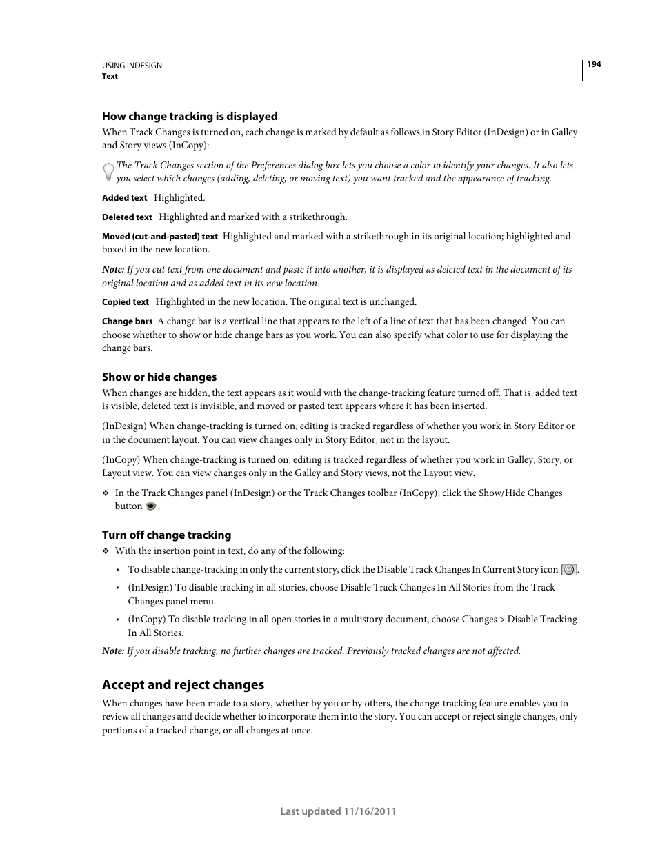 How change tracking is displayed, Show or hide changes, Turn off change tracking | Accept and reject changes | Adobe InDesign CS5 User Manual | Page 200 / 710