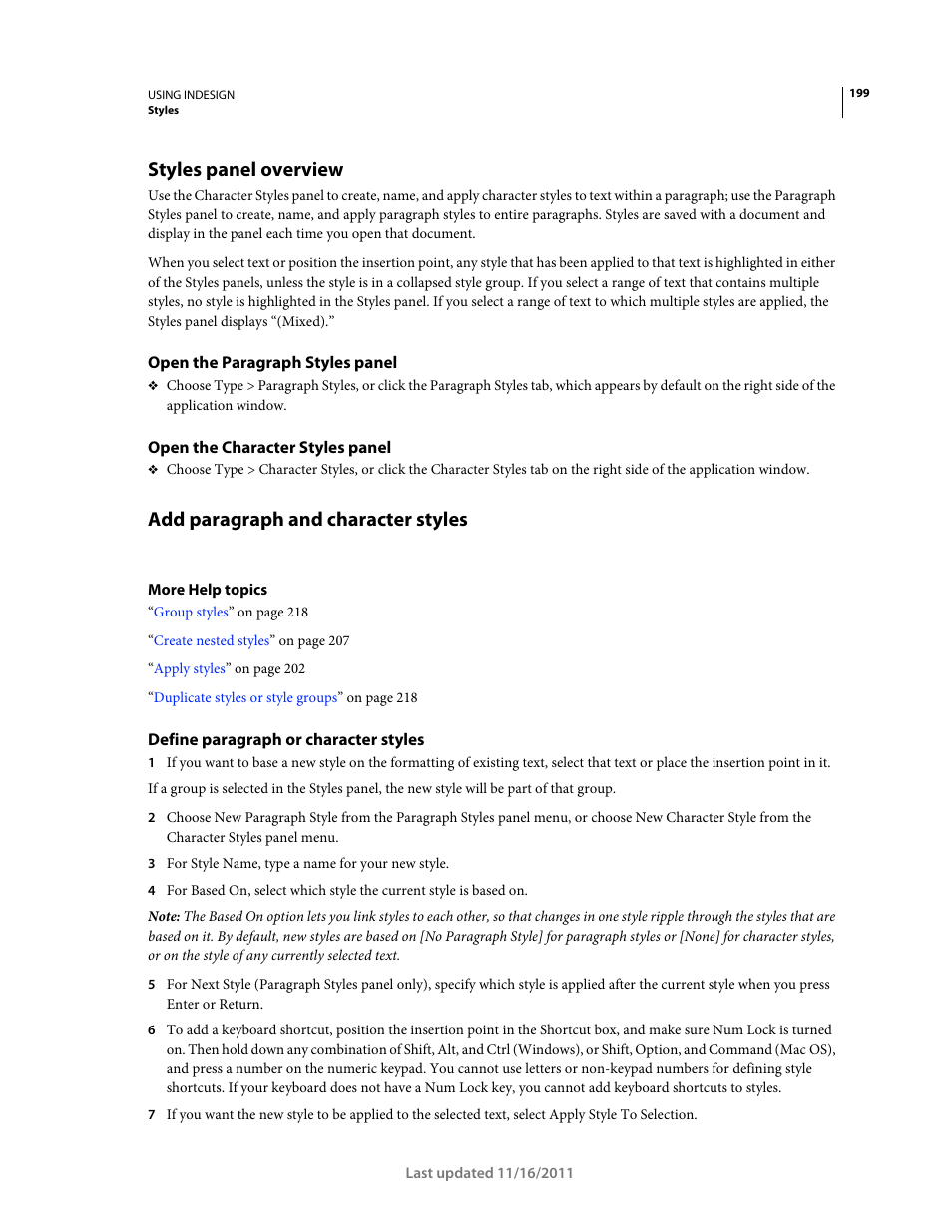 Styles panel overview, Open the paragraph styles panel, Open the character styles panel | Add paragraph and character styles, Define paragraph or character styles | Adobe InDesign CS5 User Manual | Page 205 / 710