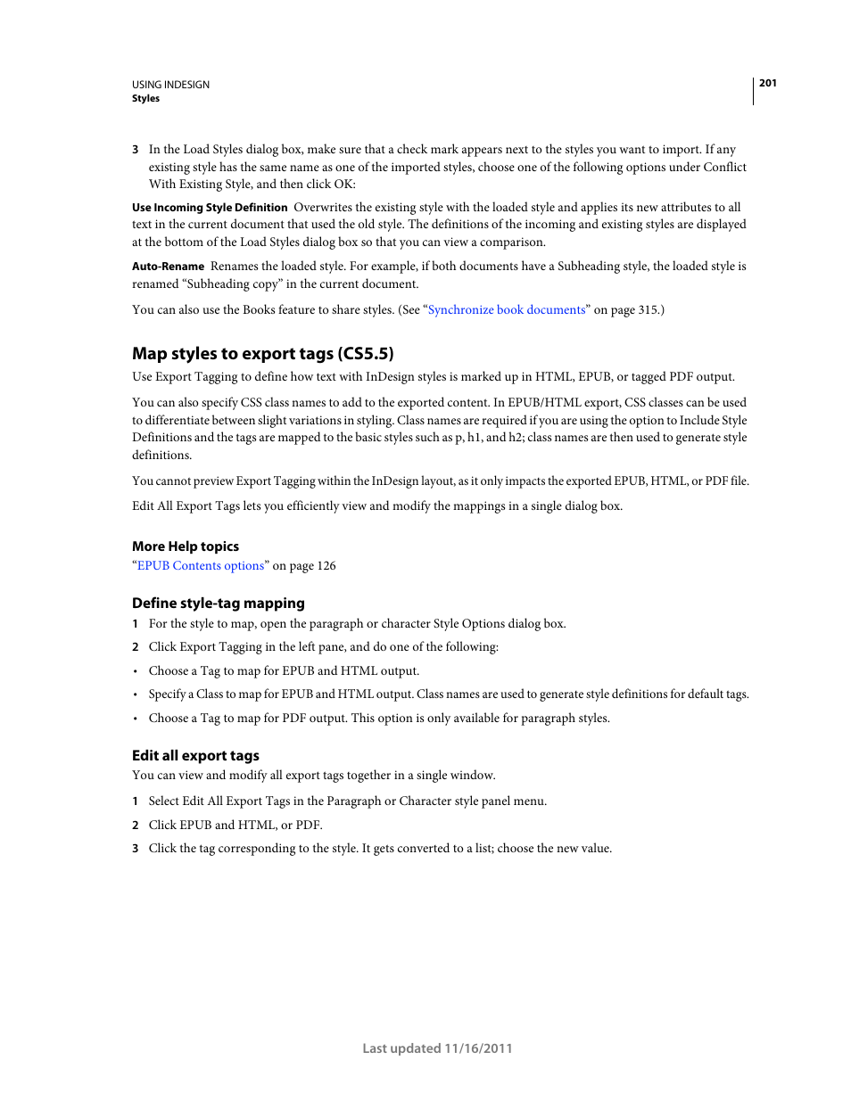 Map styles to export tags (cs5.5), Define style-tag mapping, Edit all export tags | Adobe InDesign CS5 User Manual | Page 207 / 710