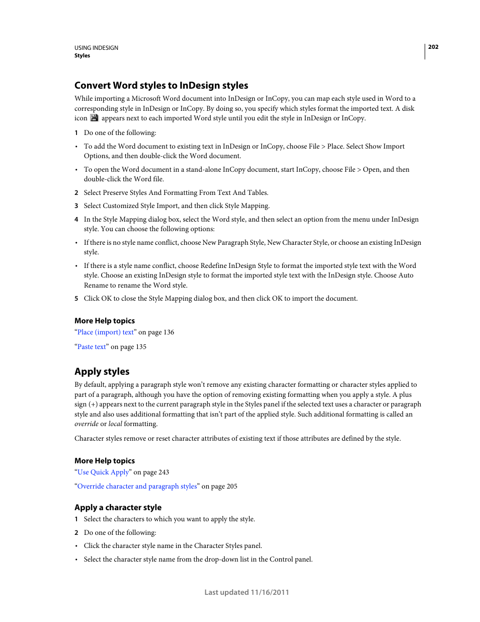 Convert word styles to indesign styles, Apply styles, Apply a character style | Adobe InDesign CS5 User Manual | Page 208 / 710