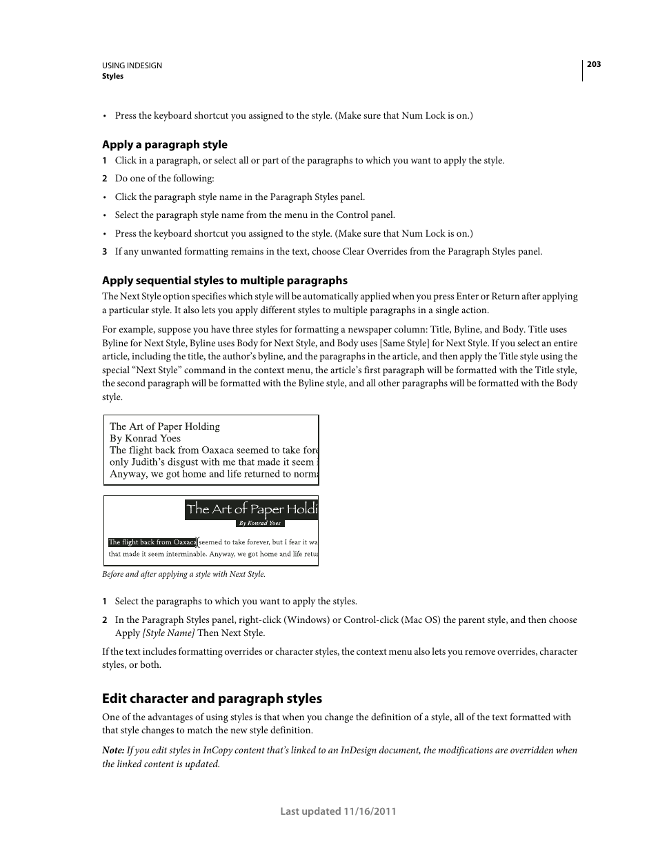 Apply a paragraph style, Apply sequential styles to multiple paragraphs, Edit character and paragraph styles | Adobe InDesign CS5 User Manual | Page 209 / 710