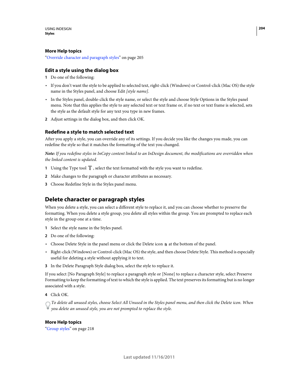 Edit a style using the dialog box, Redefine a style to match selected text, Delete character or paragraph styles | Adobe InDesign CS5 User Manual | Page 210 / 710