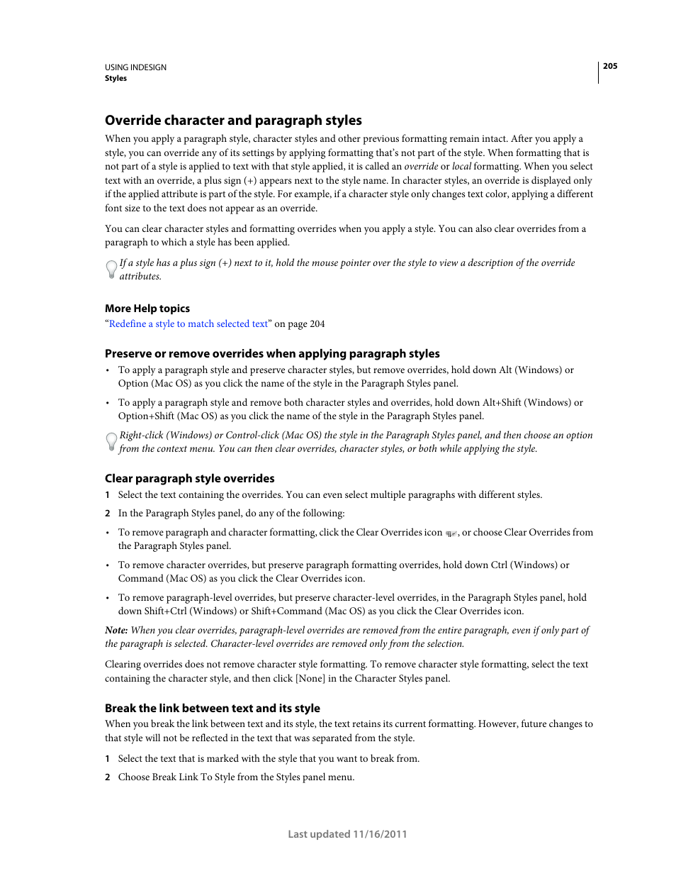 Override character and paragraph styles, Clear paragraph style overrides, Break the link between text and its style | Adobe InDesign CS5 User Manual | Page 211 / 710
