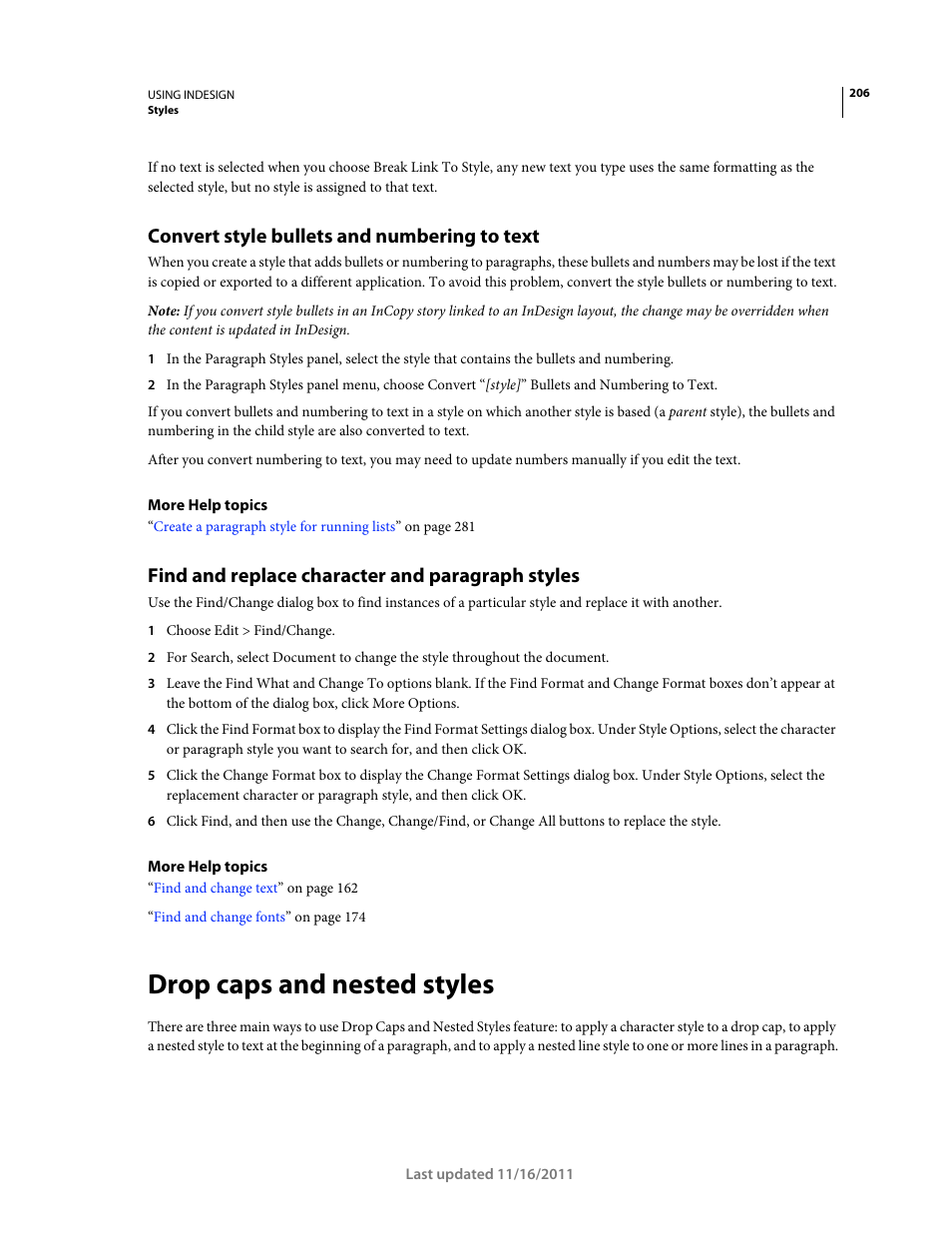 Convert style bullets and numbering to text, Find and replace character and paragraph styles, Drop caps and nested styles | Adobe InDesign CS5 User Manual | Page 212 / 710