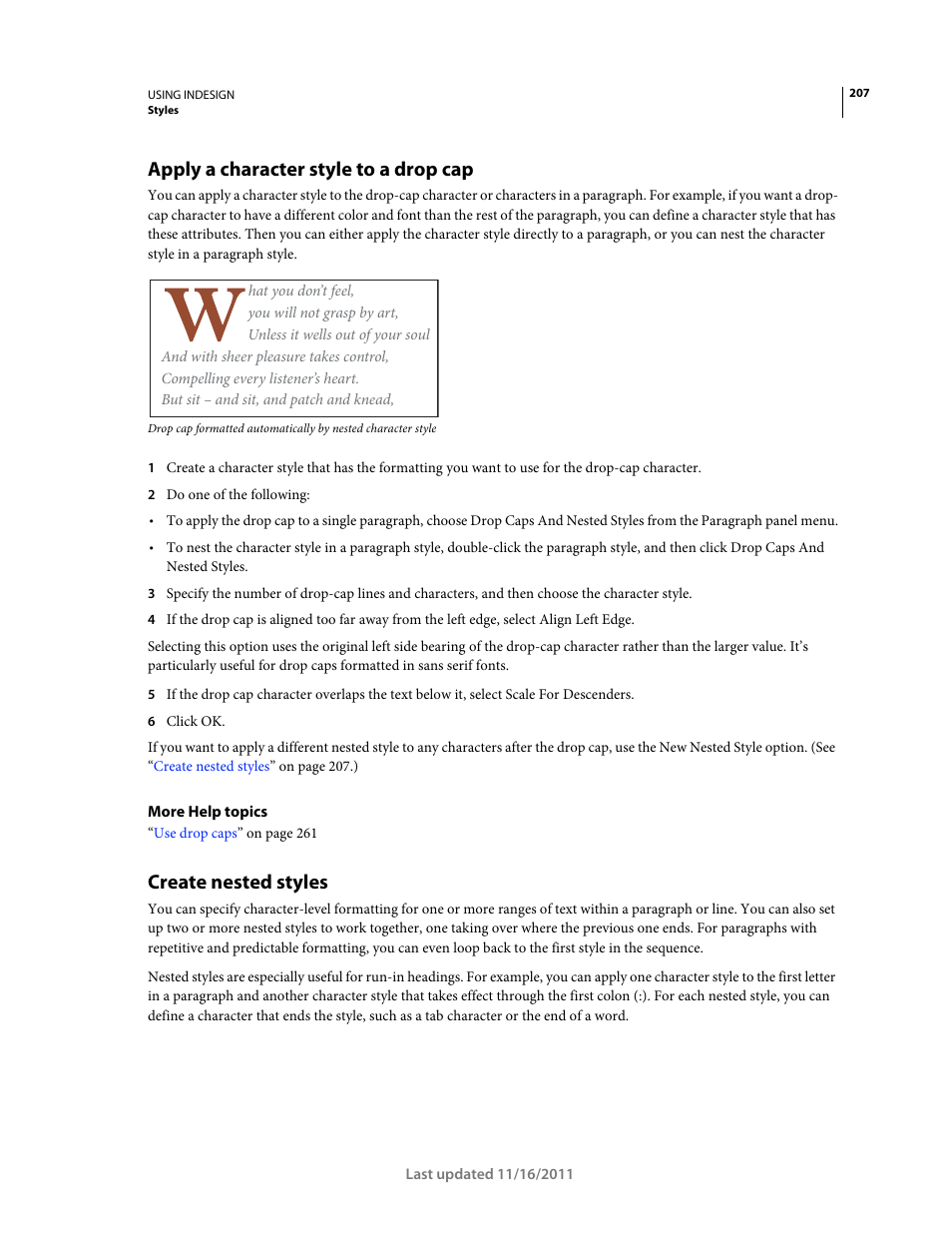 Apply a character style to a drop cap, Create nested styles | Adobe InDesign CS5 User Manual | Page 213 / 710