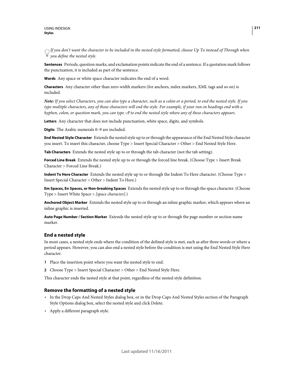 End a nested style, Remove the formatting of a nested style | Adobe InDesign CS5 User Manual | Page 217 / 710