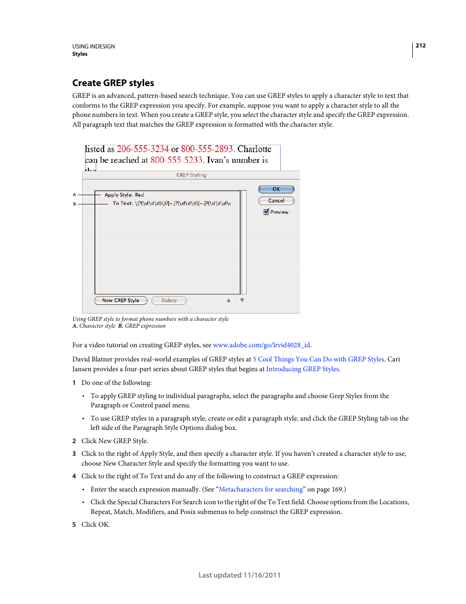 Create grep styles | Adobe InDesign CS5 User Manual | Page 218 / 710