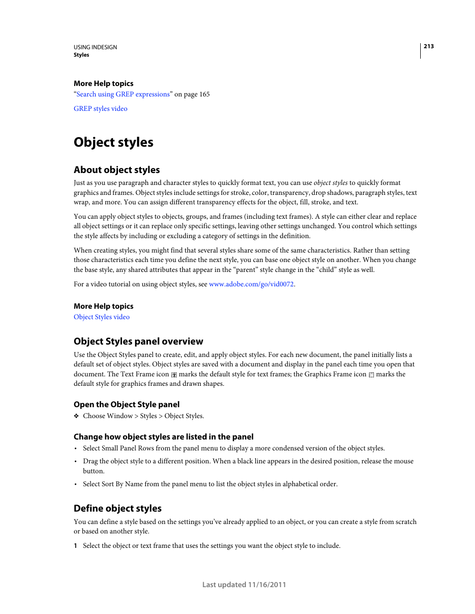 Object styles, About object styles, Object styles panel overview | Open the object style panel, Change how object styles are listed in the panel, Define object styles | Adobe InDesign CS5 User Manual | Page 219 / 710