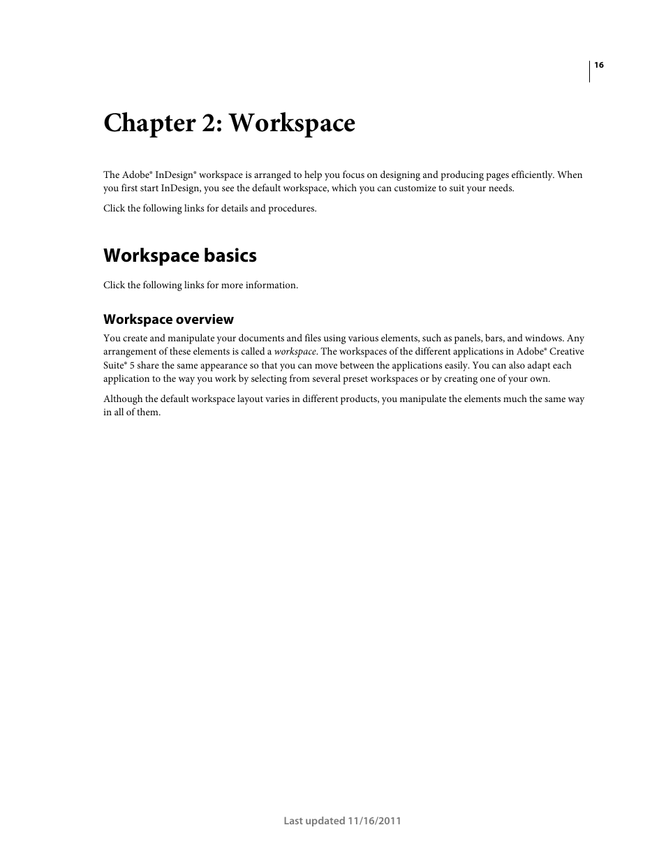 Chapter 2: workspace, Workspace basics, Workspace overview | Adobe InDesign CS5 User Manual | Page 22 / 710