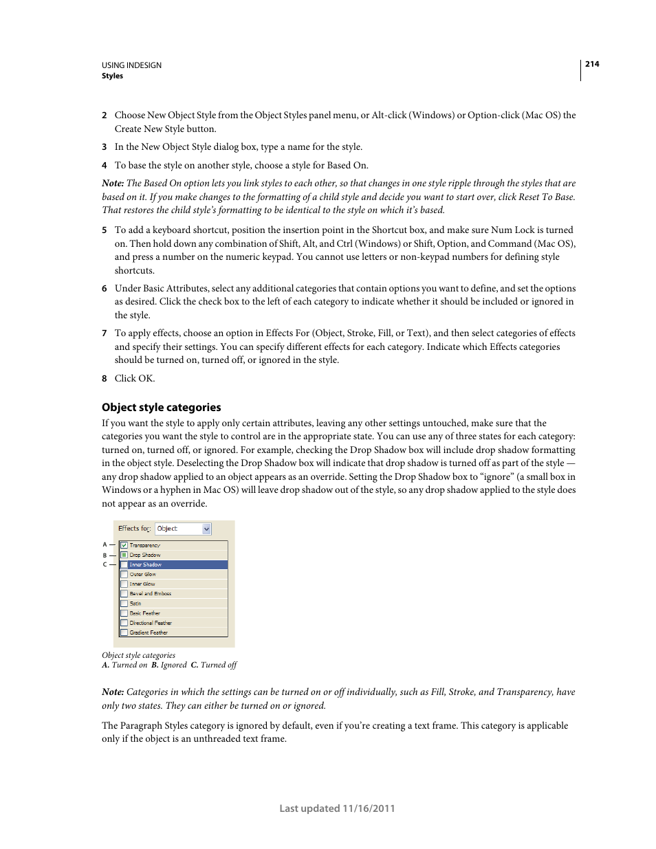 Object style categories | Adobe InDesign CS5 User Manual | Page 220 / 710