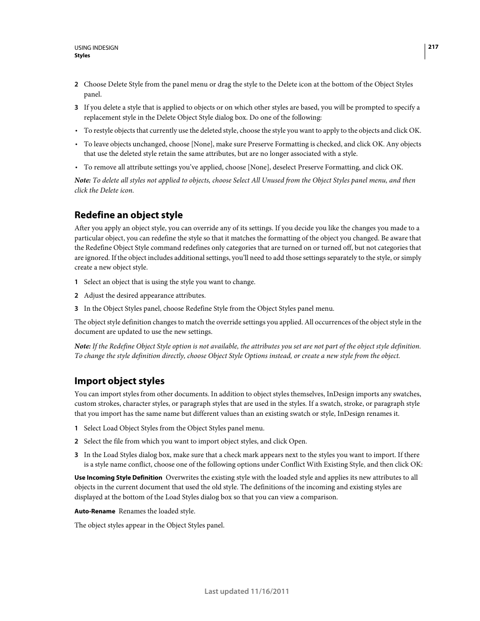 Redefine an object style, Import object styles | Adobe InDesign CS5 User Manual | Page 223 / 710