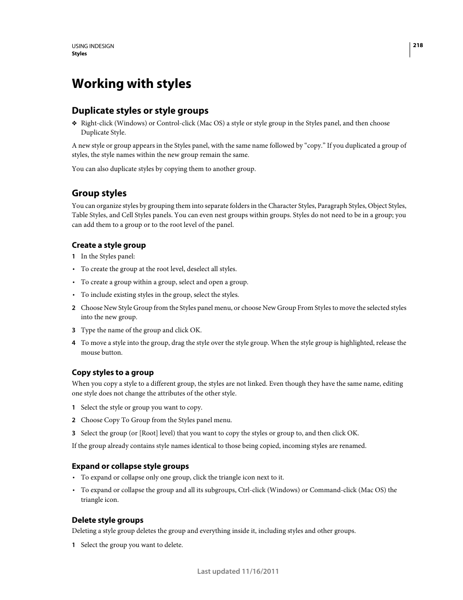 Working with styles, Duplicate styles or style groups, Group styles | Create a style group, Copy styles to a group, Expand or collapse style groups, Delete style groups | Adobe InDesign CS5 User Manual | Page 224 / 710