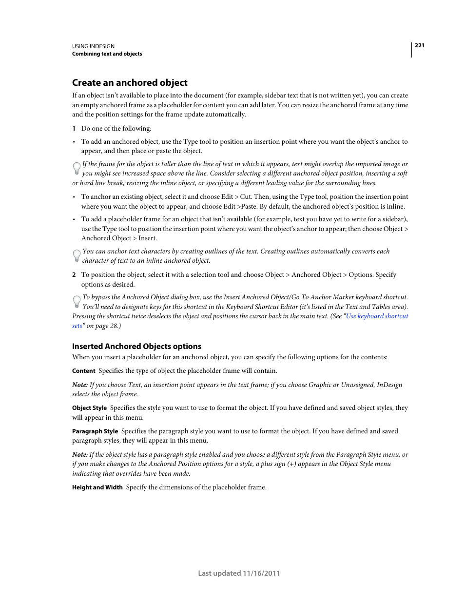 Create an anchored object, Inserted anchored objects options | Adobe InDesign CS5 User Manual | Page 227 / 710