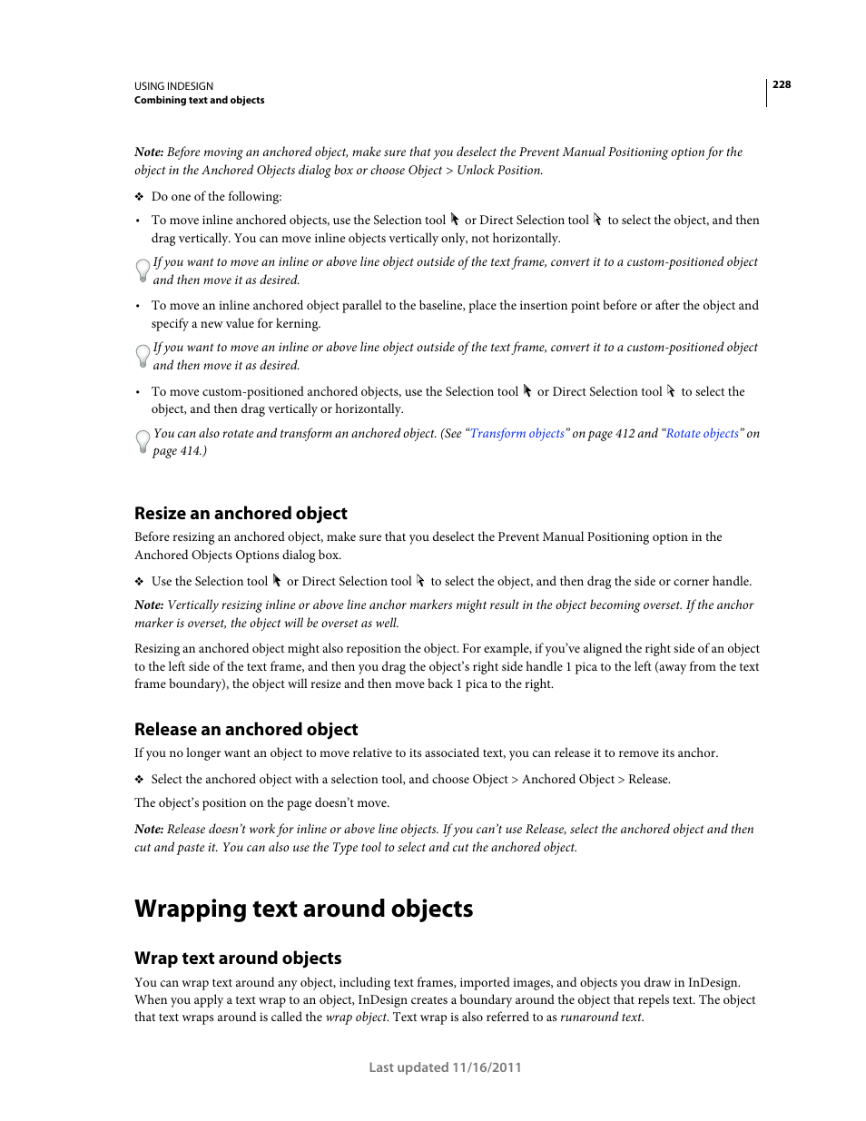 Resize an anchored object, Release an anchored object, Wrapping text around objects | Wrap text around objects | Adobe InDesign CS5 User Manual | Page 234 / 710