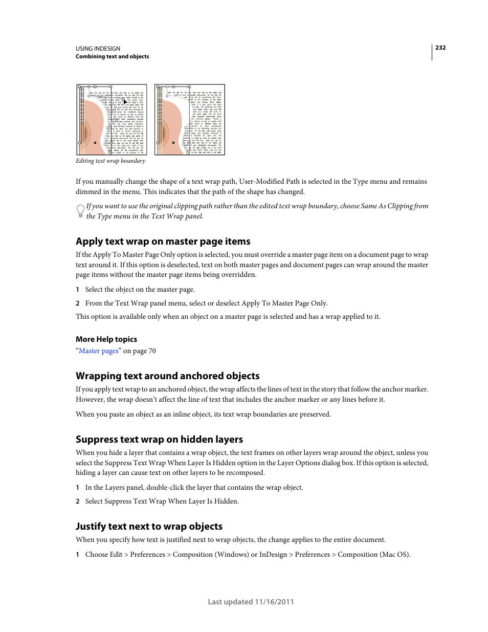 Wrapping text around anchored objects, Suppress text wrap on hidden layers, Justify text next to wrap objects | Apply text wrap on master page items | Adobe InDesign CS5 User Manual | Page 238 / 710