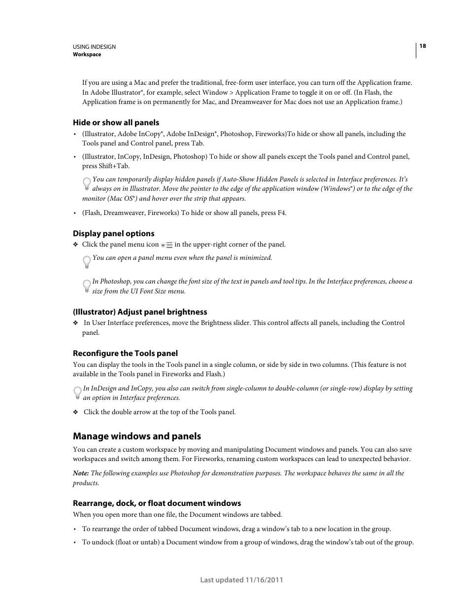 Hide or show all panels, Display panel options, Illustrator) adjust panel brightness | Reconfigure the tools panel, Manage windows and panels, Rearrange, dock, or float document windows | Adobe InDesign CS5 User Manual | Page 24 / 710