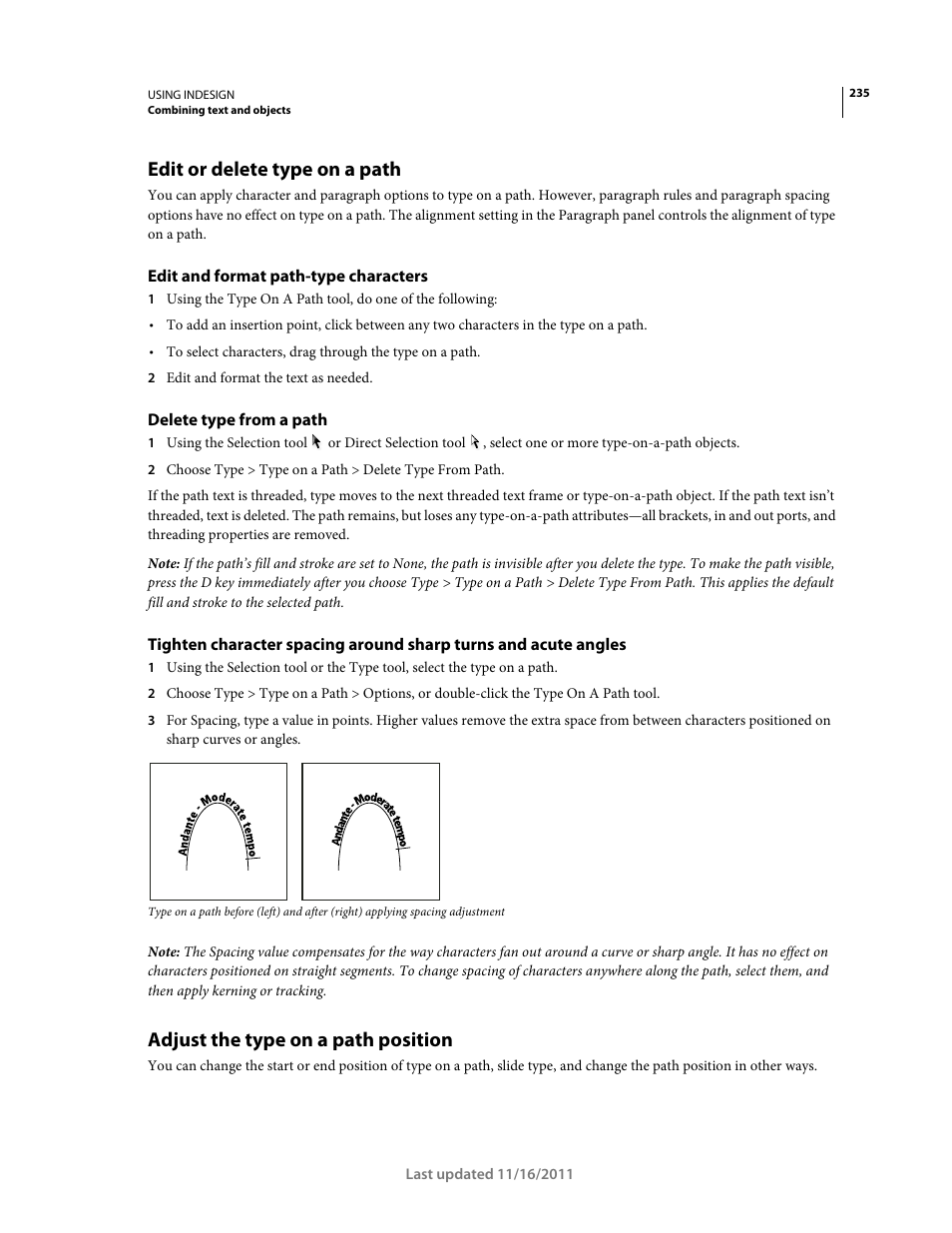 Edit or delete type on a path, Edit and format path-type characters, Delete type from a path | Adjust the type on a path position | Adobe InDesign CS5 User Manual | Page 241 / 710