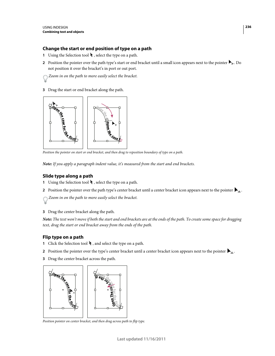 Change the start or end position of type on a path, Slide type along a path, Flip type on a path | Adobe InDesign CS5 User Manual | Page 242 / 710