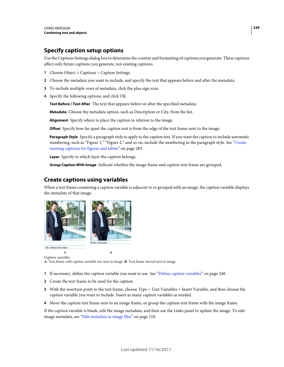 Specify caption setup options, Create captions using variables | Adobe InDesign CS5 User Manual | Page 245 / 710