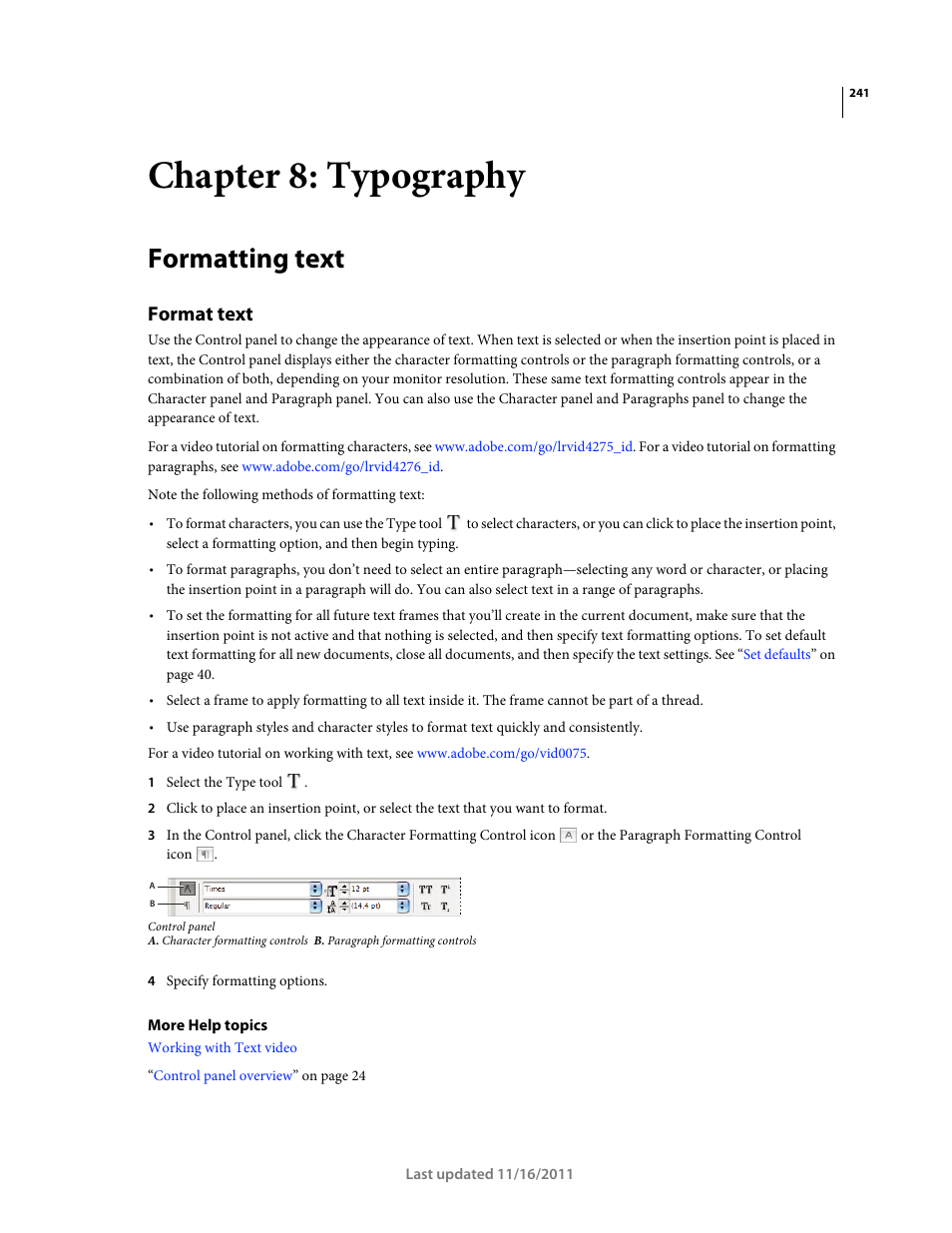 Chapter 8: typography, Formatting text, Format text | Adobe InDesign CS5 User Manual | Page 247 / 710