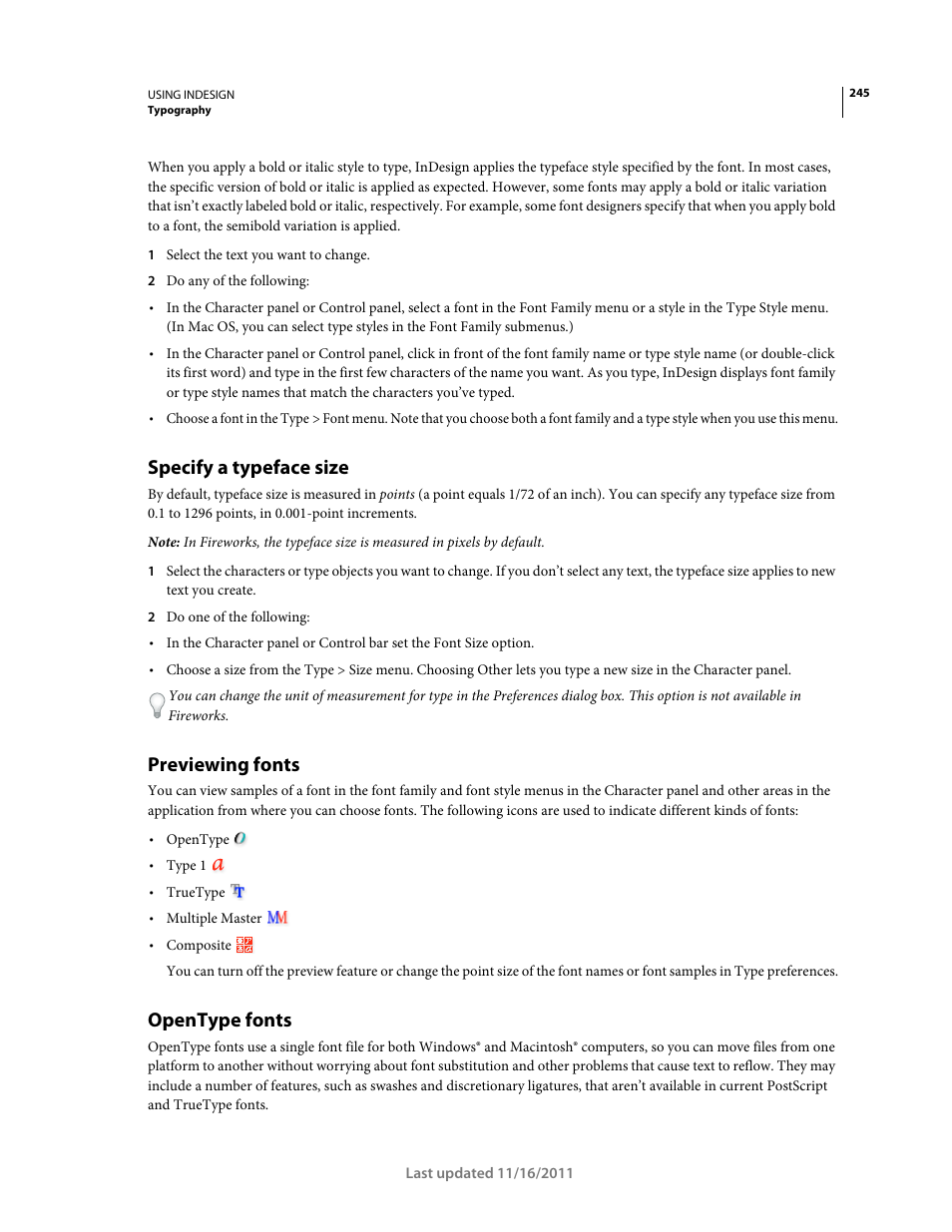 Specify a typeface size, Previewing fonts, Opentype fonts | Adobe InDesign CS5 User Manual | Page 251 / 710