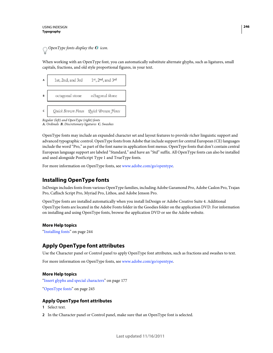 Installing opentype fonts, Apply opentype font attributes | Adobe InDesign CS5 User Manual | Page 252 / 710