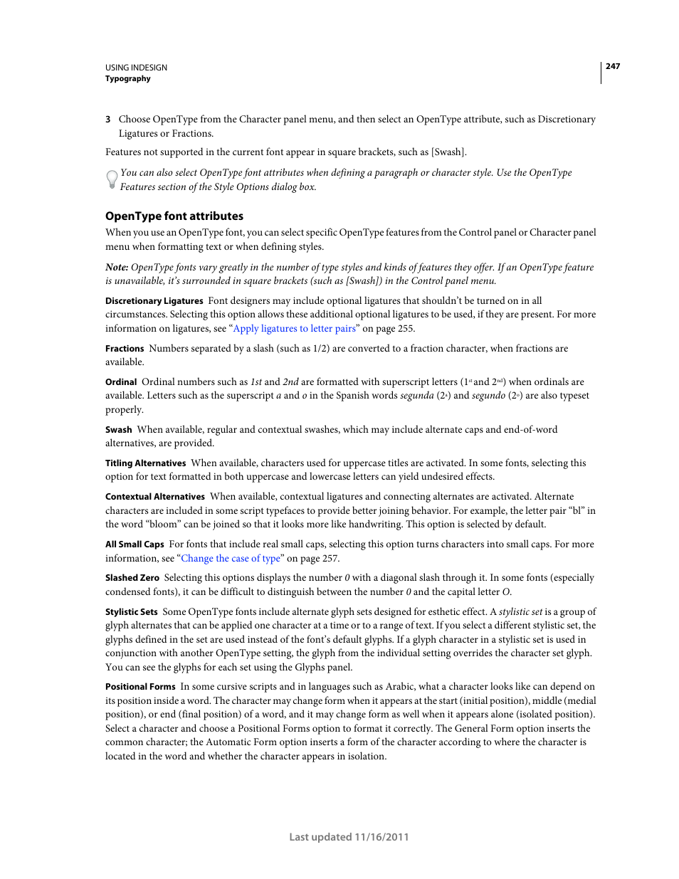 Opentype font attributes | Adobe InDesign CS5 User Manual | Page 253 / 710
