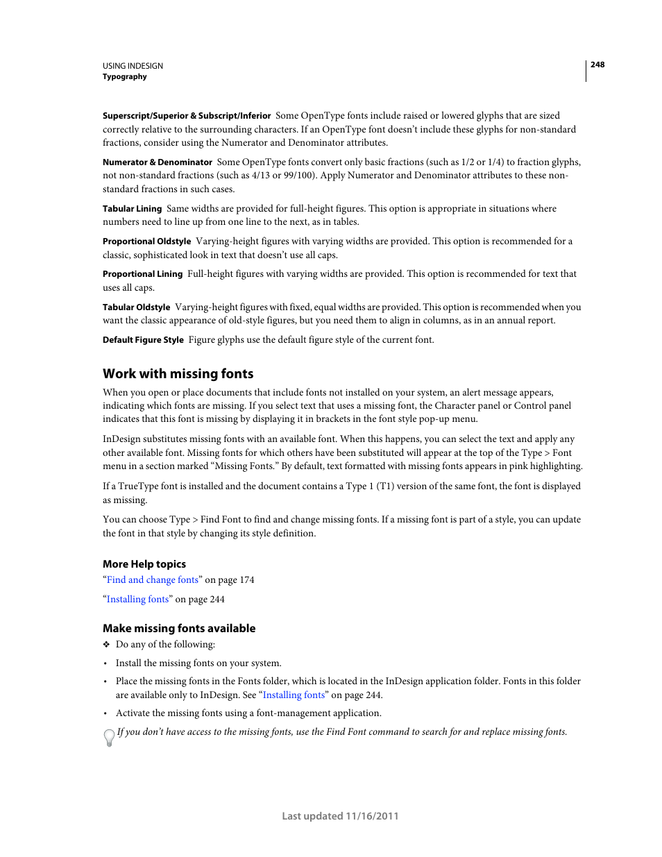 Work with missing fonts, Make missing fonts available | Adobe InDesign CS5 User Manual | Page 254 / 710