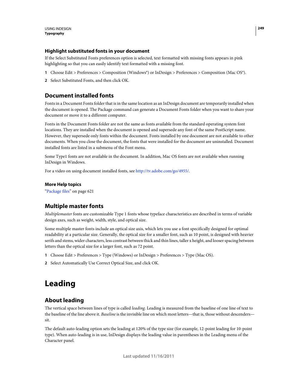 Highlight substituted fonts in your document, Document installed fonts, Multiple master fonts | Leading, About leading | Adobe InDesign CS5 User Manual | Page 255 / 710