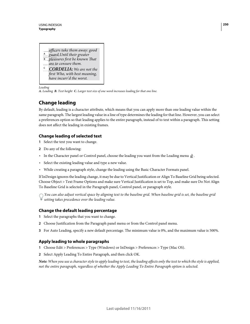 Change leading, Change leading of selected text, Change the default leading percentage | Apply leading to whole paragraphs, Cordelia | Adobe InDesign CS5 User Manual | Page 256 / 710