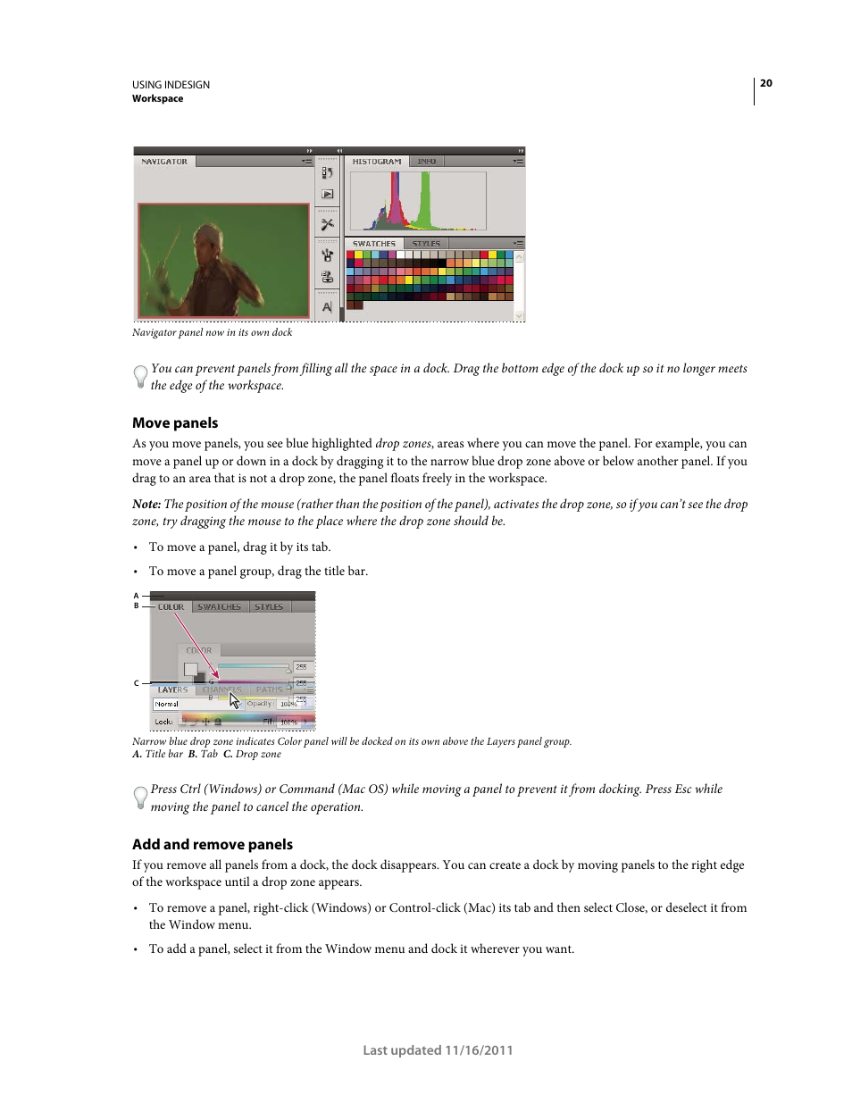 Move panels, Add and remove panels | Adobe InDesign CS5 User Manual | Page 26 / 710