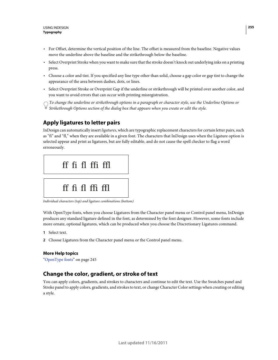 Apply ligatures to letter pairs, Change the color, gradient, or stroke of text, Information on ligatures, see | Adobe InDesign CS5 User Manual | Page 261 / 710