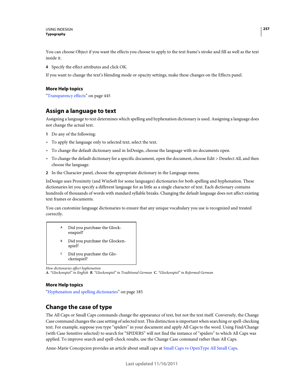 Assign a language to text, Change the case of type, Information, see | Adobe InDesign CS5 User Manual | Page 263 / 710