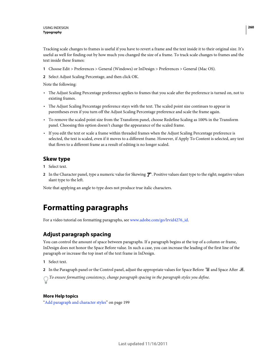 Skew type, Formatting paragraphs, Adjust paragraph spacing | Adobe InDesign CS5 User Manual | Page 266 / 710