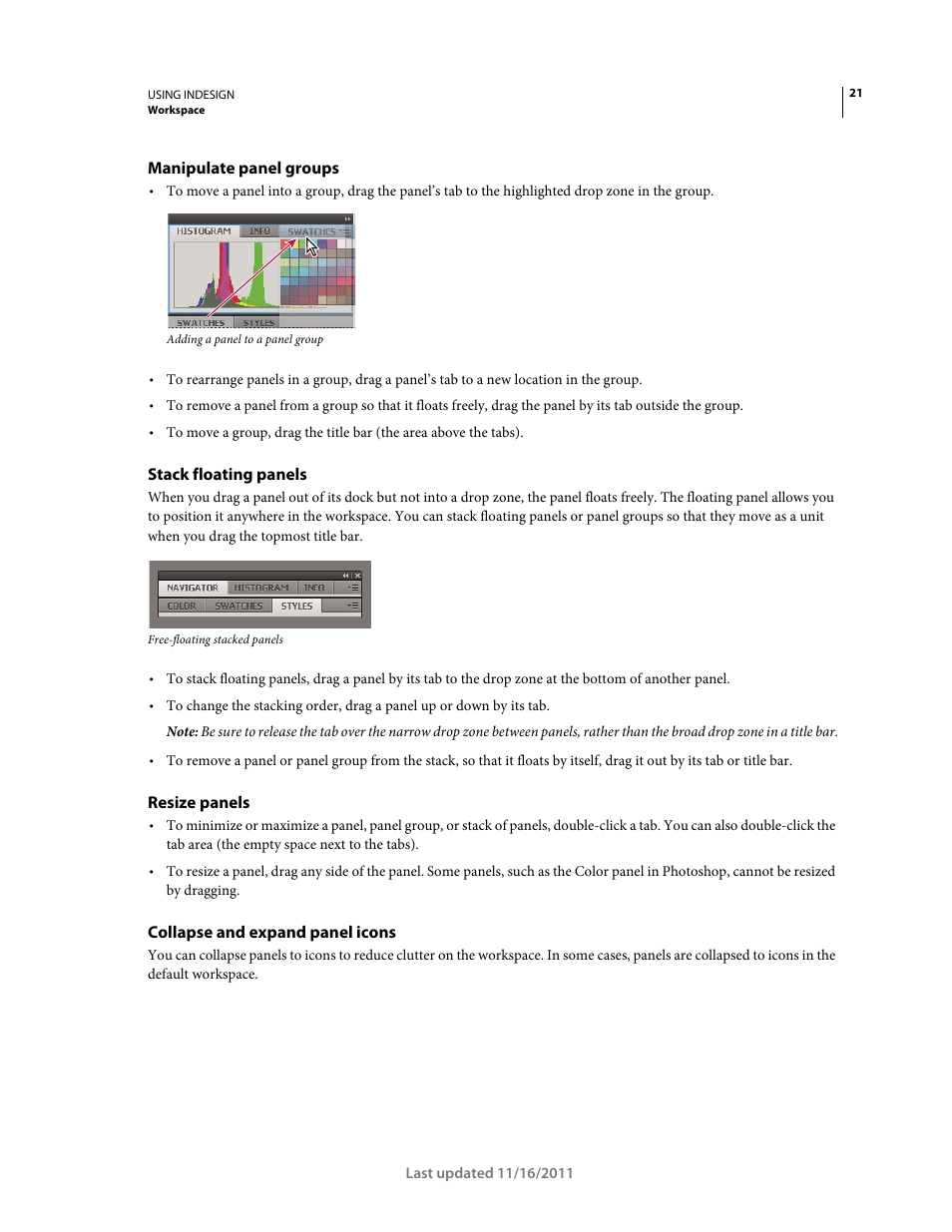 Manipulate panel groups, Stack floating panels, Resize panels | Collapse and expand panel icons | Adobe InDesign CS5 User Manual | Page 27 / 710